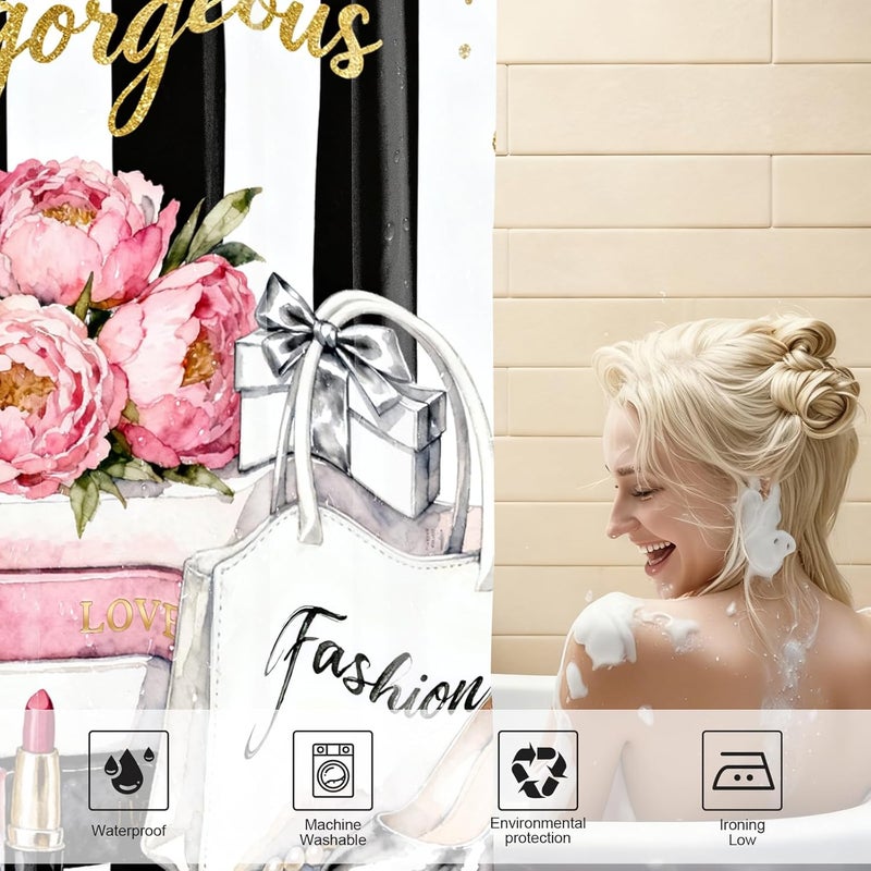 AZHM 4Pcs Pink Floral Perfume Shower Curtain Set Fashion Girly Hello Gorgeous Shower Curtains for Bathroom Black and White Striped Bathroom Decor Sets and Rugs and 12 Hooks - Image 4